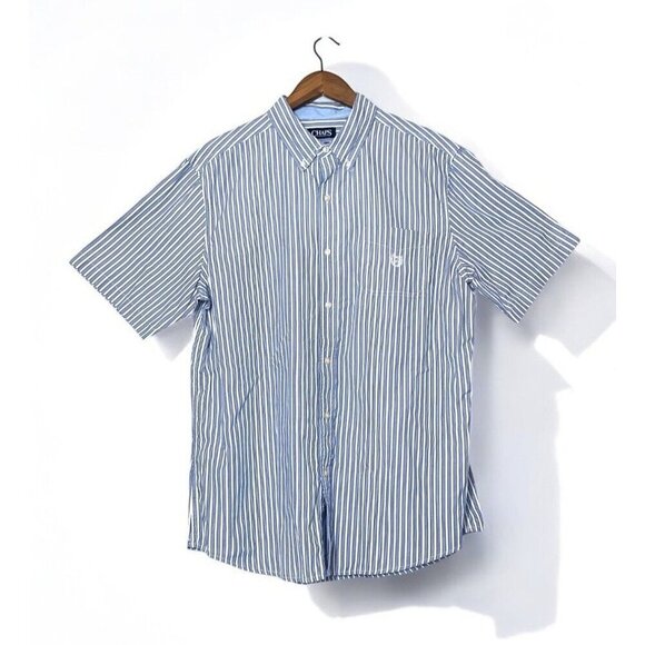 CHAPS Mens Short Sleeve Button Down Shirt Swiss Blue Stripe Cotton/Poly Size XL - Picture 1 of 6